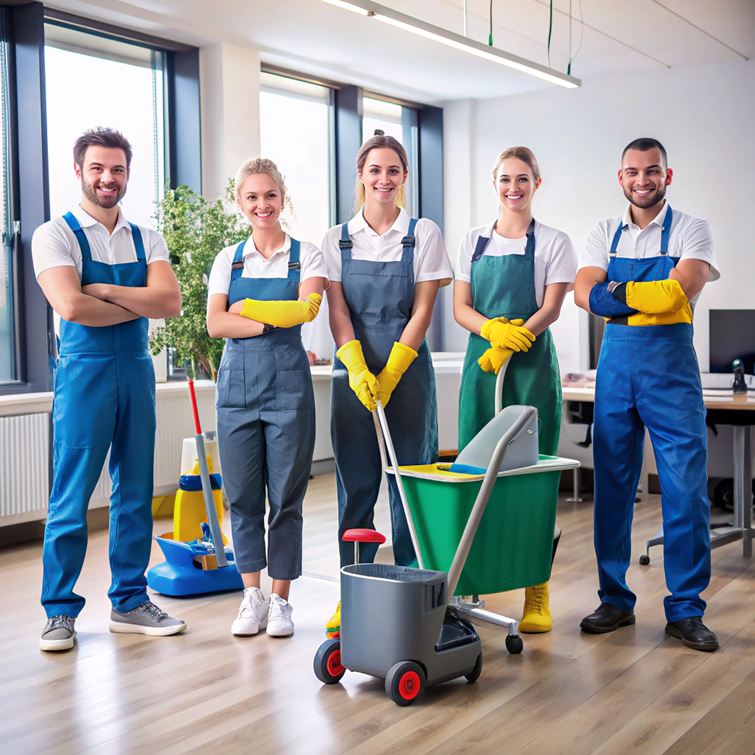 cleaningservicestaffteamequippedwiththeequipmentformaintainingcleanlinessinofficeorhom